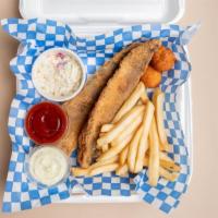 2 Fried Whitings · Two whitings fillet served with coleslaw, hushpuppies, and your choice of fries or red rice.