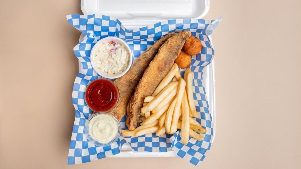 2 Fried Whitings · Two whitings fillet served with coleslaw, hushpuppies, and your choice of fries or red rice.