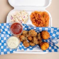 10 Fried Oysters · Ten fried oysters served with coleslaw, hushpuppies, and your choice of fries or red rice.