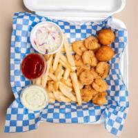 10 Fried Shrimps · Ten large fried shrimps served with coleslaw, hushpuppies, and your choice of fries or red r...