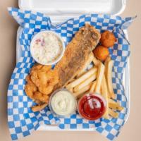 Fried Whiting & Shrimp · One fried whiting fillet, and five shrimp, served with coleslaw, hushpuppies, and your choic...