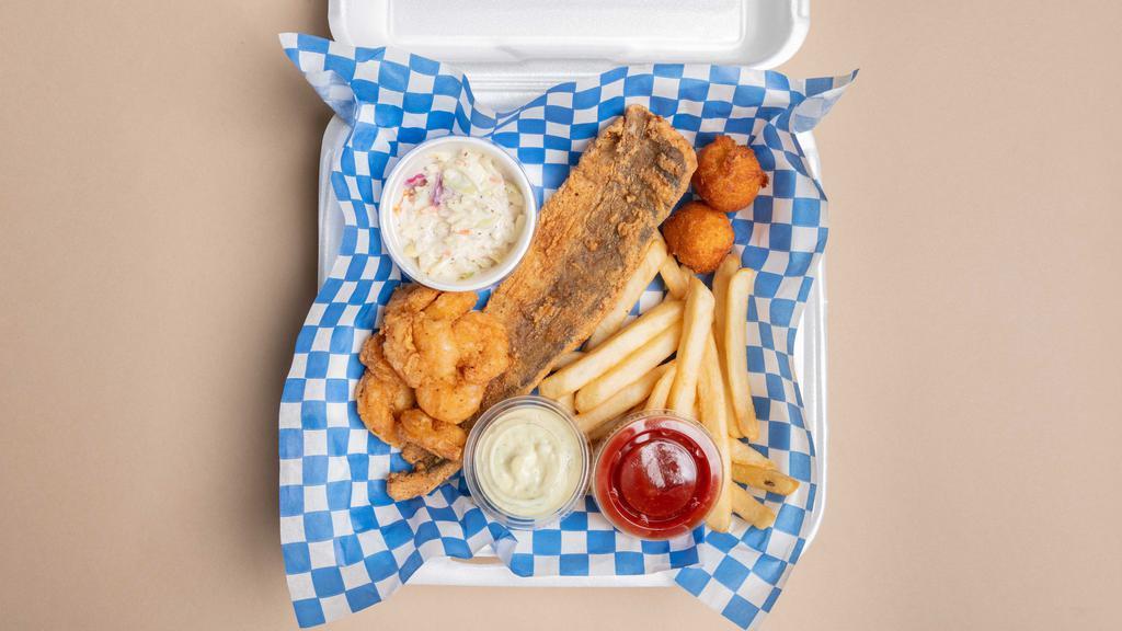 Fried Whiting & Shrimp · One fried whiting fillet, and five shrimp, served with coleslaw, hushpuppies, and your choice of fries or red rice.