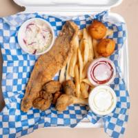 Fried Whiting & Oyster · One fried whiting fillet, and 5 oysters served with coleslaw, hushpuppies, and your choice o...
