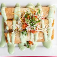 Taquitos · Three tortillas filled with pollo, fried and topped with avocado crema, cheese & pico de gal...