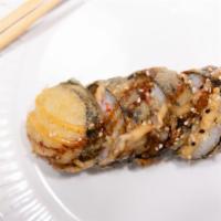 Army Ring Roll · No raw fish. Tempura shrimp, cream cheese, crab, avocado, eel sauce - deep-fried.