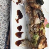 Dragon Roll · No raw fish. Tempura shrimp, eel, crab, avocado, eel sauce.