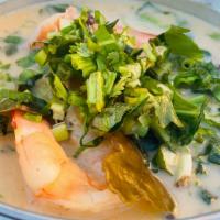 Tom Kha Koong 16 Oz · Choice of Shrimp or Tofu in Creamy Coconut Herbal Broth come with Oyster, Chanterelle & Whit...