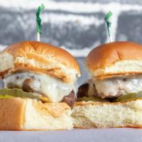 Sliders · 2-60/40 sliders with pickles and chipotle mayo. Served on toasted Hawaiian rolls.