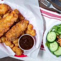Chicken Tenders · House breaded chicken tenderloins with Tots and your choice of soup or salad, alongside your...
