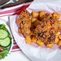 Crispy Fried Chicken · Two chicken legs and a thigh marinated in buttermilk, breaded, then fried to golden brown pe...