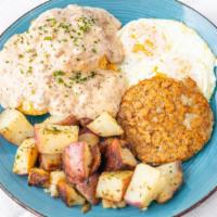 Biscuit & Gravy · Two buttermilk biscuits, sausage gravy, two eggs your way, sausage & home fries