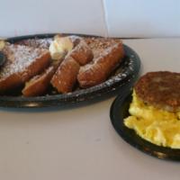 French Toast Platter · French toast, two eggs your way, choice of bacon, sausage or ham