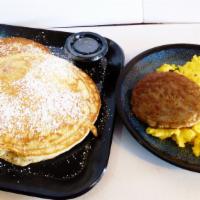 Pancake Platter · Two buttermilk pancakes, two eggs your way, choice of sausage, bacon or ham