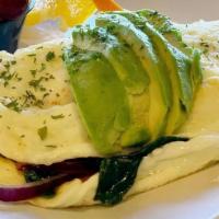 Egg White Veggie Omelette · Egg whites, spinach, bell peppers onions, mushrooms, topped with avocado