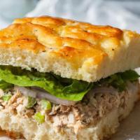 Tuna Sandwich · Albacore tuna, lettuce, tomato, sprouts, avocado, Swiss cheese & house dressing on focaccia ...