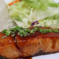 T9 Salmon Teriyaki · Comes with steamed rice and salad.