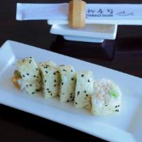 Baked Crab Roll · In: Kani Kama, creamy crab baked in dynamite sauce, and avocado. Wrapped with soy paper.