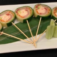 Lollipop Roll · In: Tuna, Salmon, Yellowtail, crab, and avocado, wrapped in cucumber served with ponzu sauce...
