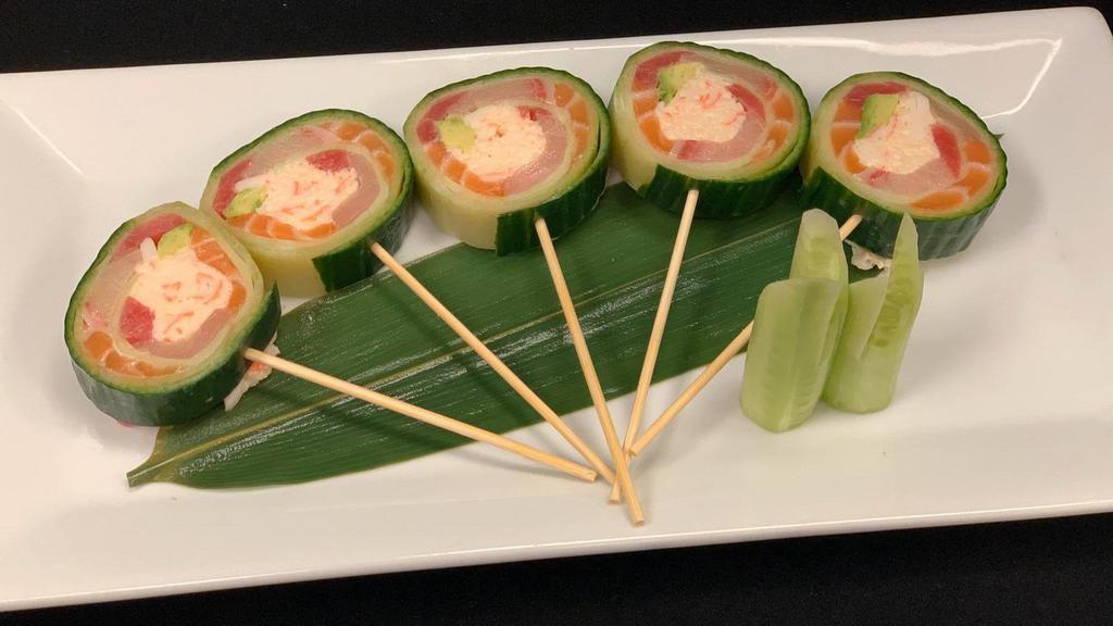 Lollipop Roll · In: Tuna, Salmon, Yellowtail, crab, and avocado, wrapped in cucumber served with ponzu sauce (no rice).