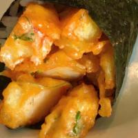 Vegan Crunchy Shrimp Handroll · In: Crunchy Vegan Shrimp, Avocado mix with green onion and Vegan mayo, Sriracha.