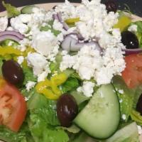 Greek Salad · Lettuce, tomatoes, greek olives, banana peppers, red onions cucumbers, feta cheese and greek...