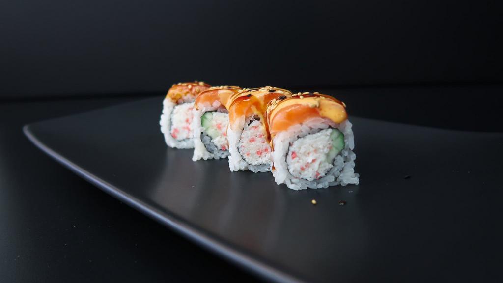 16Th St · crab mix, cucumber topped with salmon. eel sauce, spicy mayo