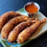 Shrimp Tempura · Four Jumbo Tiger Prawns with sweet chili dipping Sauce.