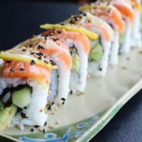 Sunset Roll * · Crab, avocado, cucumber with salmon, lemon and ponzu on top. [CONTAINS RAW INGREDIENTS]