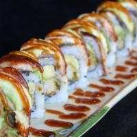 Dragon Roll · Tempura shrimp with eel, avocado & sweet sauce on top.