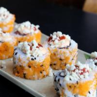 Firecracker Roll * · Tuna, spicy sauce with crunchies, sriracha sauce & tobiko on top. [CONTAINS RAW INGREDIENTS]
