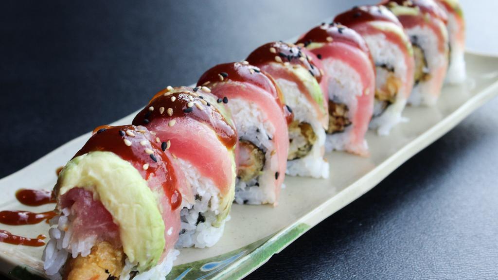 Mars Roll * · Tempura shrimp, cucumber with crab, tuna, avocado & sweet sauce on top. [CONTAINS RAW INGREDIENTS]