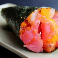 Rainbow Hand Roll * · Snapper, tuna, salmon and tobiko. [CONTAINS RAW INGREDIENTS]