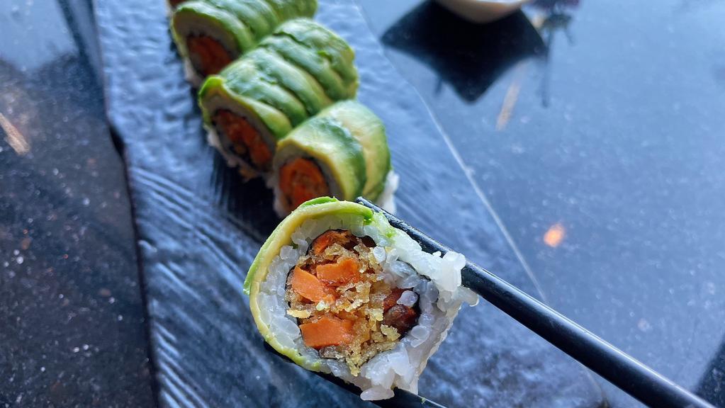 Yummy Roll · Sweet potato tempura and avocado on top with eel sauce
