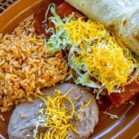 Beef Burrito & Cheese Enchilada · Served with Rice and Refried Beans (No substitutions.)