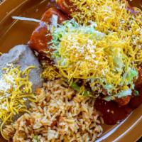 Chile Relleno & Cheddar Cheese Enchilada · Monterey Jack cheese stuffed chile. Cheddar cheese enchilada served with rice and refried be...