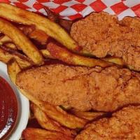 Chicken Strips & Fries · Breaded and deep fried chicken tenders served with our hand cut French fries and choice of d...