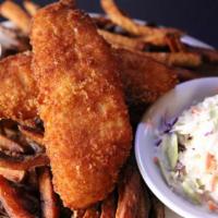 Fish & Chips · Alaskan cod fillets, fried to a golden brown, served with tartar sauce, coleslaw and a mound...