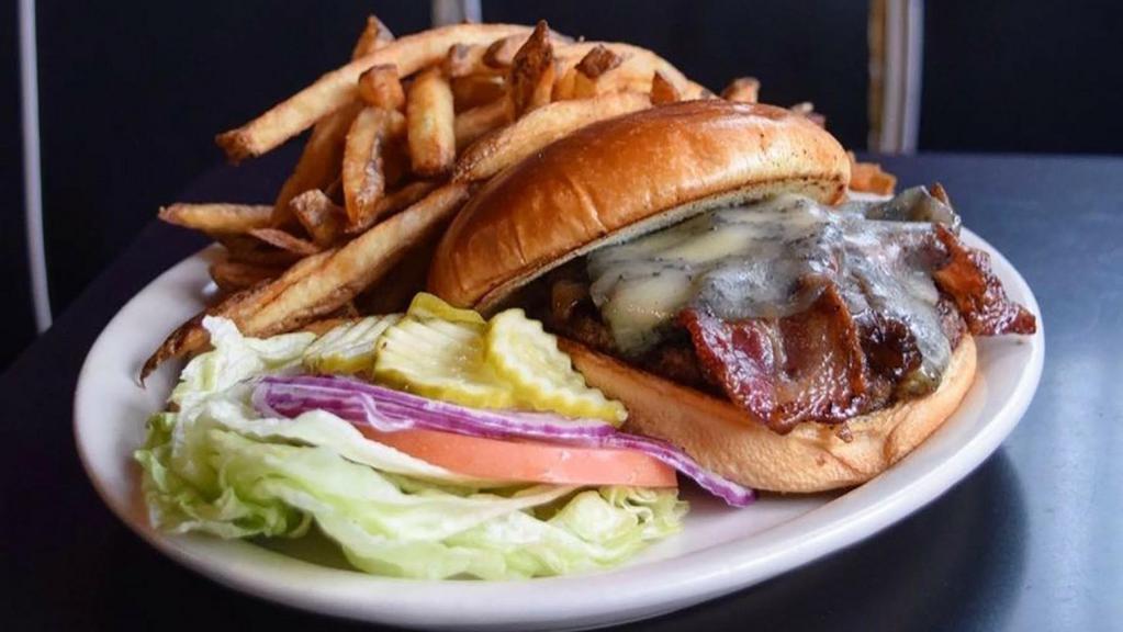 Bourbon Bacon Bleu Burger · Marbled bleu-jack, bourbon grilled onions and smoked bacon.