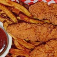 Chicken Strips & Fries · Deep-fried, breaded, chicken breast tenders served with fries and choice of dipping sauce.