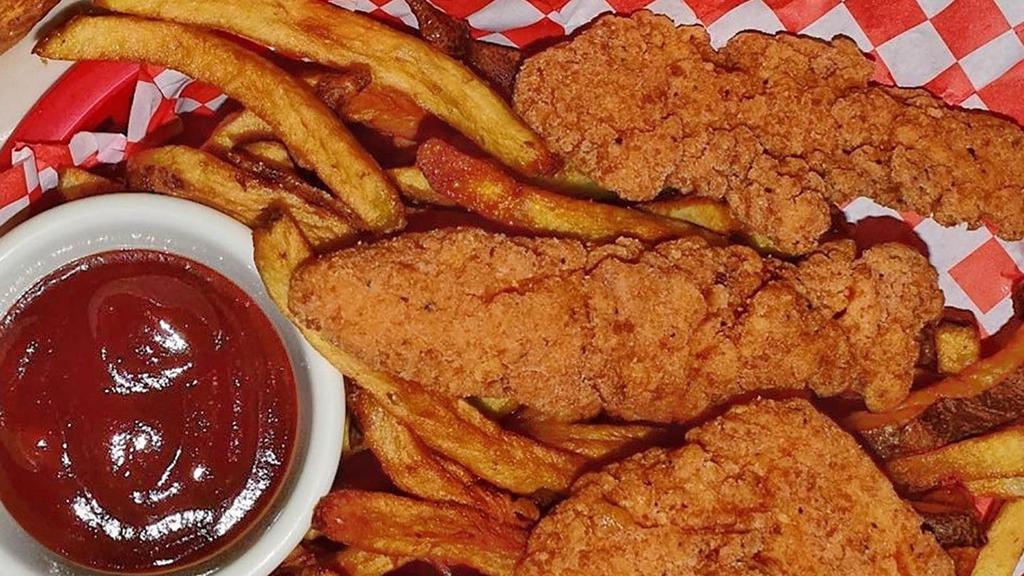 Chicken Strips & Fries · Deep-fried, breaded, chicken breast tenders served with fries and choice of dipping sauce.