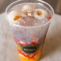 House Fruity · With peach, strawberry, lychee, mango fruits, basil seed and rainbow jelly.