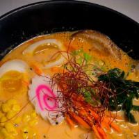 Spicy Miso Ramen · Roasted pork slice, boiled egg. Bean sprout, bamboo shoot, red chili powder, green onion, co...