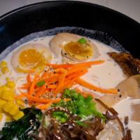 Tonkotsu Ramen · Roasted pork slice, boiled egg, bean sprout, wood ear mushroom, bamboo shoot, corn, fish cak...
