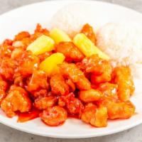 Orange Chicken · Deep-fried chicken sautéed in a homemade orange sauce and served with rice.