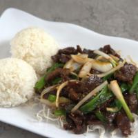 Mongolian Beef · Beef sautéed with white and green onions, served with white rice.