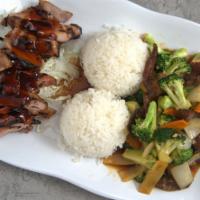 Chicken & Broccoli Beef · Teriyaki chicken and sautéed chicken, broccoli, carrot, water chestnuts, and bamboo shoots, ...