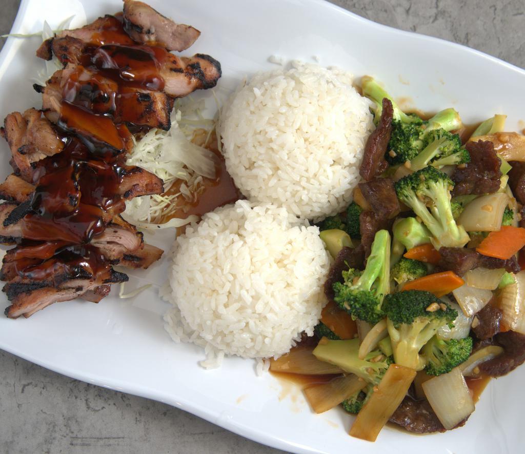 Chicken & Broccoli Beef · Teriyaki chicken and sautéed chicken, broccoli, carrot, water chestnuts, and bamboo shoots, served with rice.
