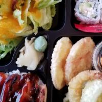 Joy Lunch Bento · Served with Chicken Teriyaki, steamed rice, 4pcs California Roll, Vege Tempura W/shrimp, and...