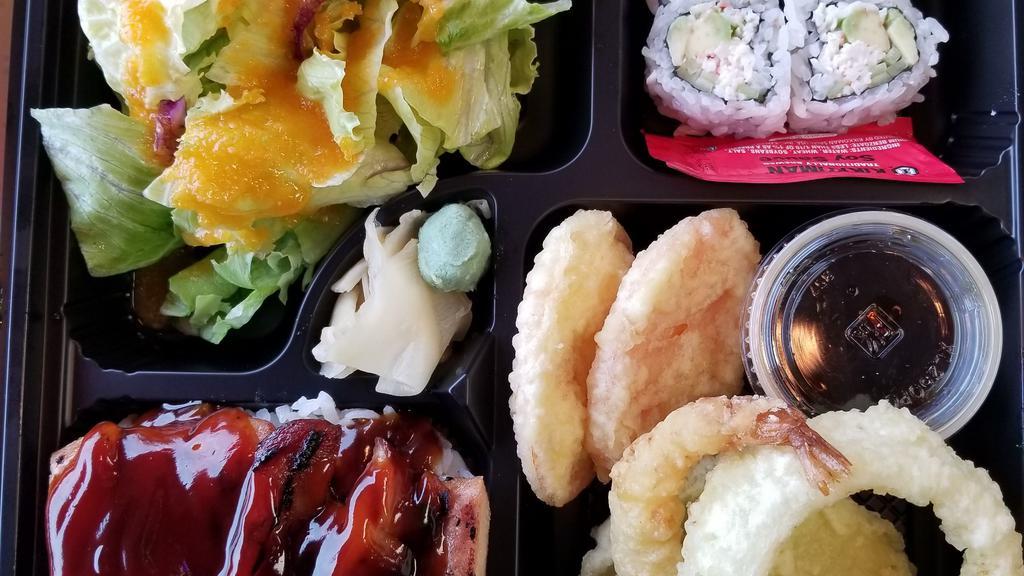Joy Lunch Bento · Served with Chicken Teriyaki, steamed rice, 4pcs California Roll, Vege Tempura W/shrimp, and Stir-Fry Vege.
