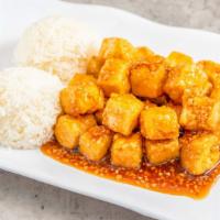 Honey Garlic Tofu · Served with steamed rice.